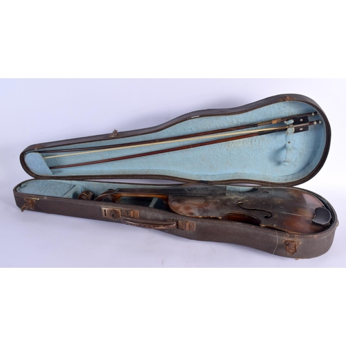 655 - A CASED ANTIQUE SINGLE PIECE BACK VIOLIN with two bows. 59 cm long, length of back 36 cm. (3)