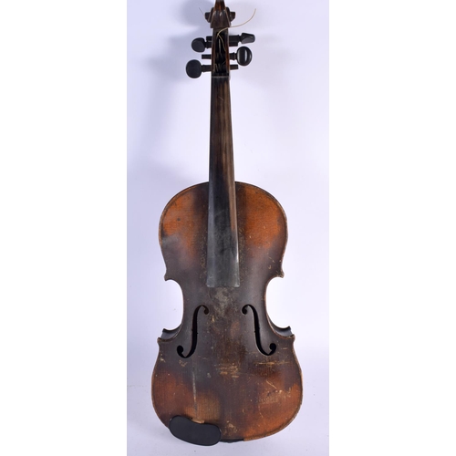 655 - A CASED ANTIQUE SINGLE PIECE BACK VIOLIN with two bows. 59 cm long, length of back 36 cm. (3)