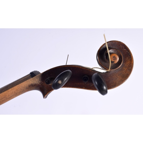 655 - A CASED ANTIQUE SINGLE PIECE BACK VIOLIN with two bows. 59 cm long, length of back 36 cm. (3)