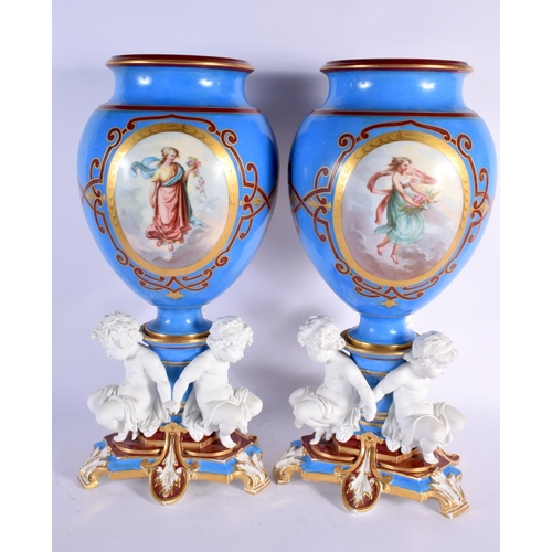 661 - A LARGE PAIR OF 19TH CENTURY FRENCH BISQUE GLAZED PARIS PORCELAIN VASES painted with figures within ... 