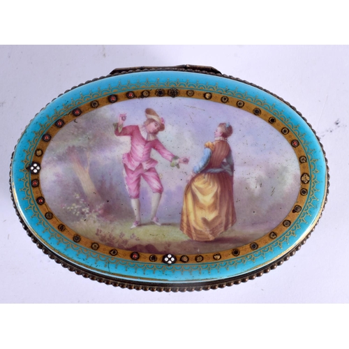 66 - A GOOD 19TH CENTURY SEVRES PORCELAIN AND BRONZE BOX painted with lovers within a landscape. 12 cm x ... 