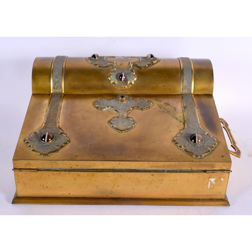 668 - A LARGE VICTORIAN GILT BRONZE AND AGATE DESK STAND with fitted interior. 29 cm x 25 cm.