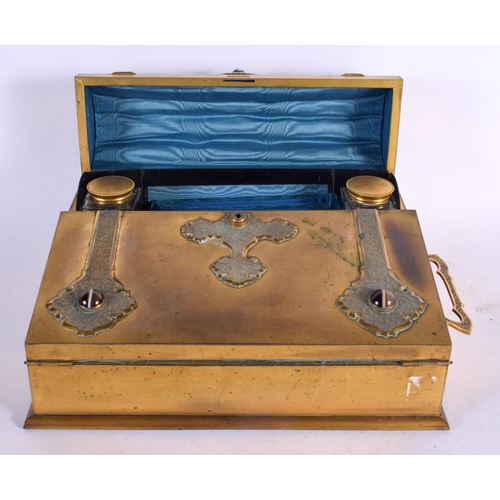 668 - A LARGE VICTORIAN GILT BRONZE AND AGATE DESK STAND with fitted interior. 29 cm x 25 cm.