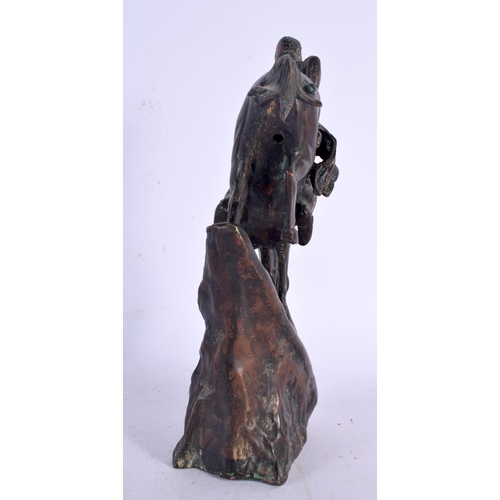 670 - AN ANTIQUE EUROPEAN BRONZE FIGURE OF A MALE ON HORSEBACK modelled rearing. 24 cm x 12 cm.