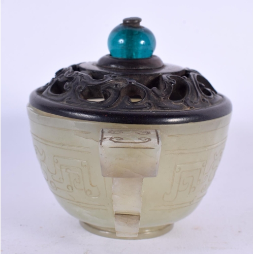 672 - AN 18TH CENTURY CHINESE TWIN HANDLED CARVED JADE LIBATION CUP with hardwood and stone finial. 12 cm ... 