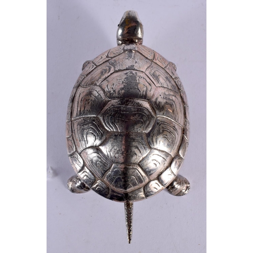 673 - AN EDWARDIAN SILVER PLATED TORTOISE DESK BELL. 14 cm x 8 cm.