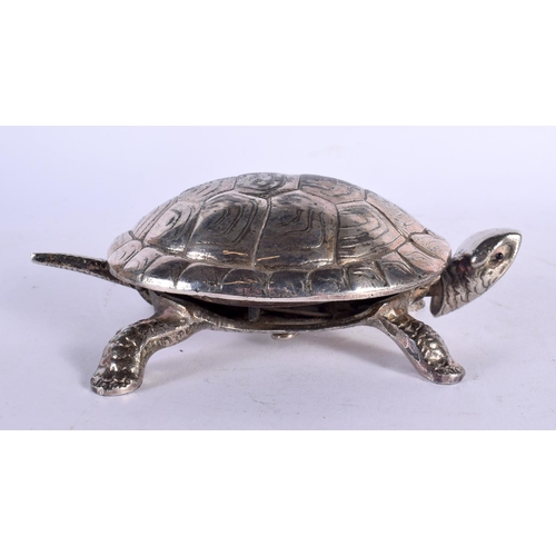 673 - AN EDWARDIAN SILVER PLATED TORTOISE DESK BELL. 14 cm x 8 cm.