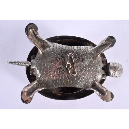 673 - AN EDWARDIAN SILVER PLATED TORTOISE DESK BELL. 14 cm x 8 cm.