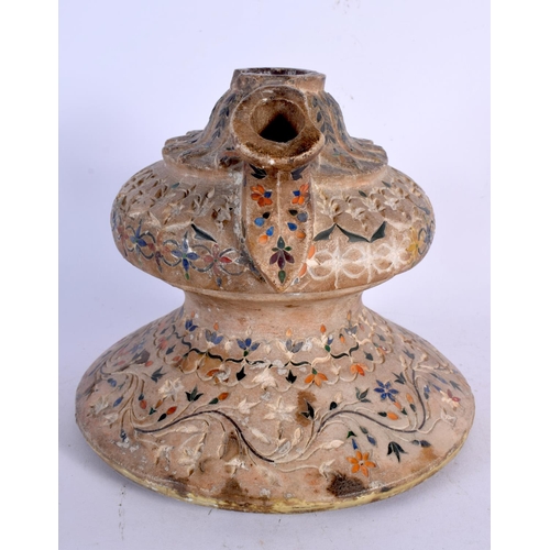 677 - AN UNUSUAL 19TH CENTURY INDIAN HARDSTONE INSET MARBLE HOOKA PIPE BASE decorated with foliage. 21 cm ... 