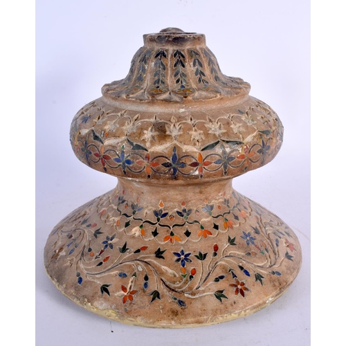 677 - AN UNUSUAL 19TH CENTURY INDIAN HARDSTONE INSET MARBLE HOOKA PIPE BASE decorated with foliage. 21 cm ... 