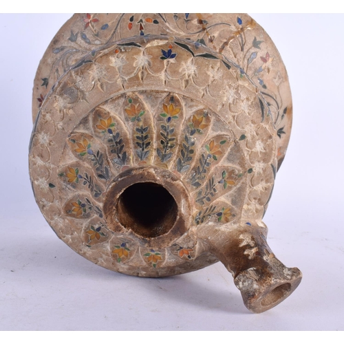 677 - AN UNUSUAL 19TH CENTURY INDIAN HARDSTONE INSET MARBLE HOOKA PIPE BASE decorated with foliage. 21 cm ... 