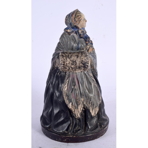 679 - A RARE 19TH CENTURY AUSTRIAN PAINTED TERRACOTTA FIGURE modelled as a female wearing a dress, with a ... 