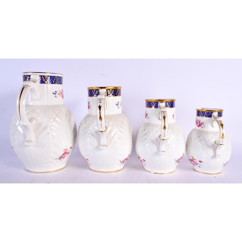 681 - A SET OF FOUR COALPORT CAUGHLEY TYPE JUGS. Largest 21 cm x 14 cm. (4)