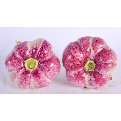 683 - A PAIR OF CONTINENTAL PAINTED PORCELAIN FRUITING PODS. 9 cm x 5 cm.