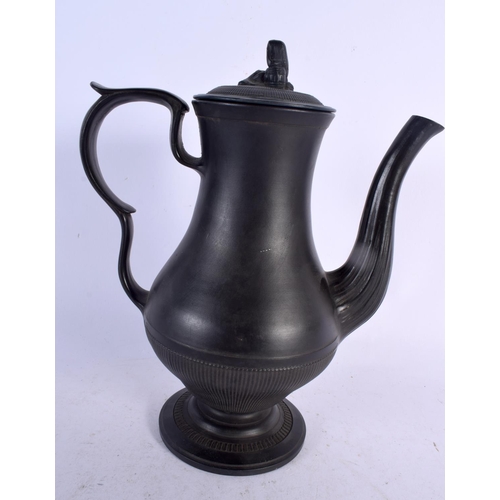 686 - A 19TH CENTURY ENGLISH BLACK BASALT COFFEE POT AND COVER together with an unusual black basalt plaqu... 