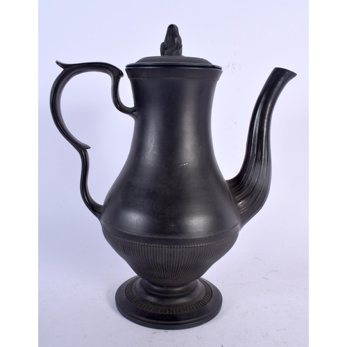 686 - A 19TH CENTURY ENGLISH BLACK BASALT COFFEE POT AND COVER together with an unusual black basalt plaqu... 