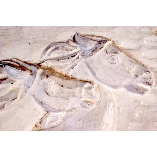 687 - A CARVED PLASTER ROAMING HORSE RECTANGULAR PANEL. 34 cm x 28 cm.