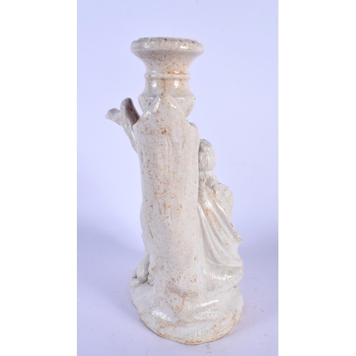 6 - A LOVELY LATE 18 CENTURY ENGLISH SALT GLAZED POTTERY FIGURAL CANDLESTICK modelled as a female holdin... 