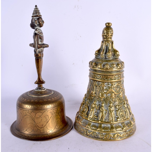 689 - AN 18TH CENTURY EUROPEAN BRONZE BELL together with an Indian bronze bell. Largest 20 cm high. (2)