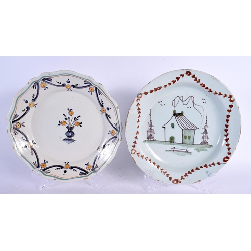 693 - THREE 18TH CENTURY ENGLISH DELFT TIN GLAZED PLATES. 22 cm wide. (3)