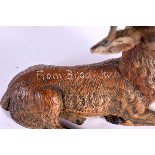 703 - AN ANTIQUE AUSTRIAN COLD PAINTED SPELTER DEER and a medallion. Largest 15 cm diameter. (2)