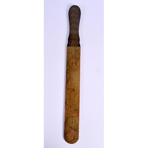 704 - AN ANTIQUE MAUCHLINEWARE ROLLING PIN and a similar page turner. Largest 32 cm long. (2)