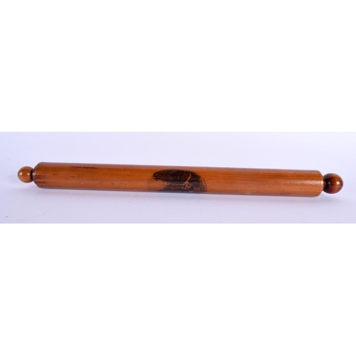 704 - AN ANTIQUE MAUCHLINEWARE ROLLING PIN and a similar page turner. Largest 32 cm long. (2)