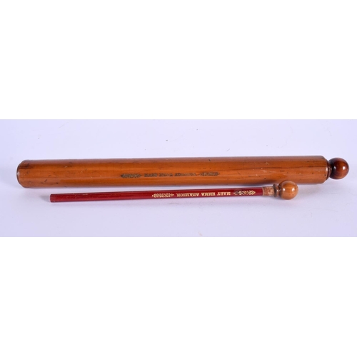 704 - AN ANTIQUE MAUCHLINEWARE ROLLING PIN and a similar page turner. Largest 32 cm long. (2)