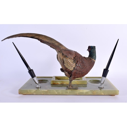 727 - A LARGE EARLY 20TH CENTURY AUSTRIAN COLD PAINTED BRONZE AND ONYX DESK STAND formed as a pheasant 40 ... 