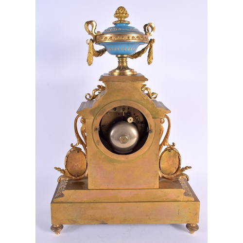 742 - A LARGE 19TH CENTURY FRENCH BRONZE SEVRES PORCELAIN MANTEL CLOCK painted with figures in landscapes.... 