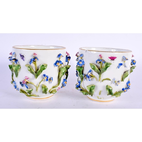 746 - A PAIR OF GERMAN MEISSEN PORCELAIN ENCRUSTED PORCELAIN CUPS AND SAUCERS painted with insects and fol... 