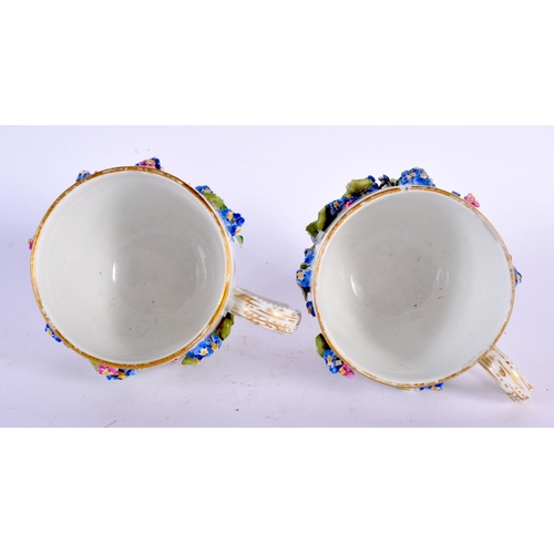 746 - A PAIR OF GERMAN MEISSEN PORCELAIN ENCRUSTED PORCELAIN CUPS AND SAUCERS painted with insects and fol... 