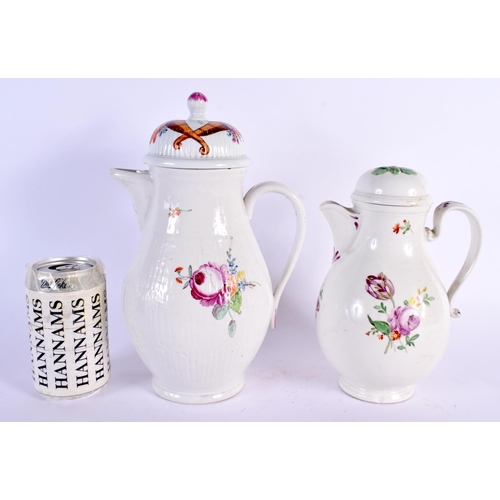 758 - TWO 18TH CENTURY CONTINENTAL PORCELAIN JUGS AND COVERS painted with flowers. Largest 27 cm x 15 cm. ... 