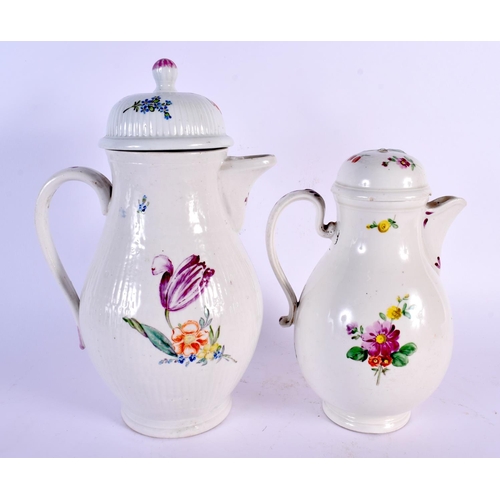 758 - TWO 18TH CENTURY CONTINENTAL PORCELAIN JUGS AND COVERS painted with flowers. Largest 27 cm x 15 cm. ... 