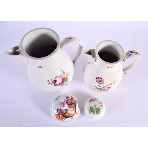 758 - TWO 18TH CENTURY CONTINENTAL PORCELAIN JUGS AND COVERS painted with flowers. Largest 27 cm x 15 cm. ... 