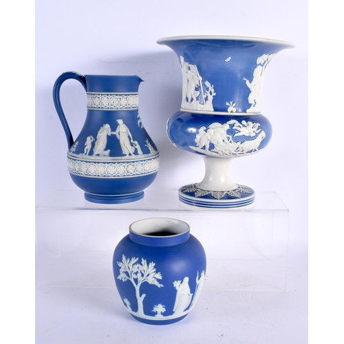 76 - A 19TH CENTURY ENGLISH JASPERWAR PORCELAIN CAMPAGNA URN together with a Wedgwood jug and vase. Large... 