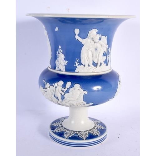 76 - A 19TH CENTURY ENGLISH JASPERWAR PORCELAIN CAMPAGNA URN together with a Wedgwood jug and vase. Large... 