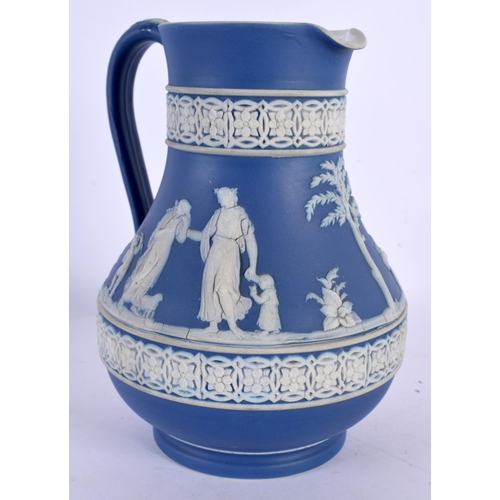 76 - A 19TH CENTURY ENGLISH JASPERWAR PORCELAIN CAMPAGNA URN together with a Wedgwood jug and vase. Large... 