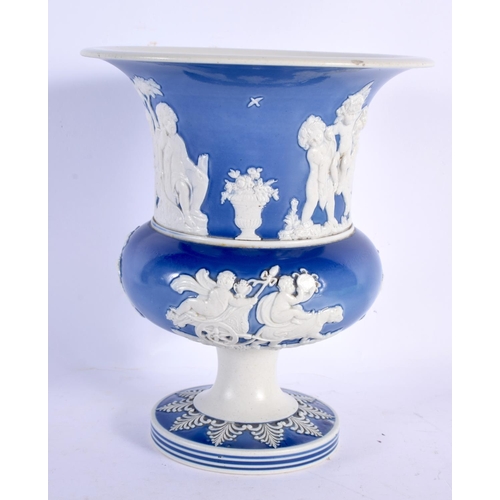 76 - A 19TH CENTURY ENGLISH JASPERWAR PORCELAIN CAMPAGNA URN together with a Wedgwood jug and vase. Large... 