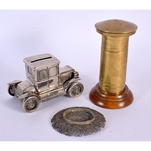 762 - AN ANTIQUE MALTESE WHITE METAL DISH together with a Ford money box & a post office money box. Larges... 