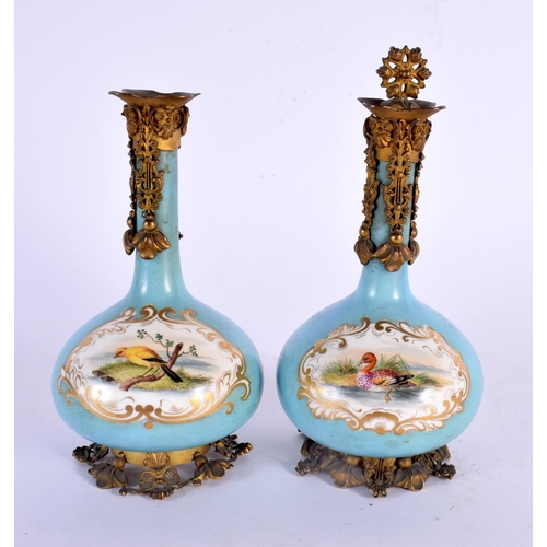 768 - A PAIR OF 19TH CENTURY ENGLISH PORCELAIN VASES with gilt metal mounts. 15 cm x 8 cm.