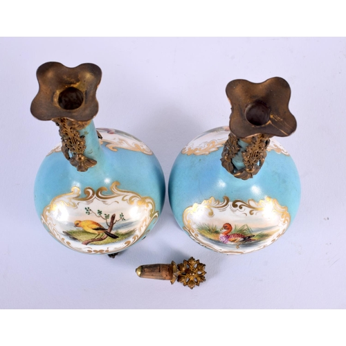 768 - A PAIR OF 19TH CENTURY ENGLISH PORCELAIN VASES with gilt metal mounts. 15 cm x 8 cm.