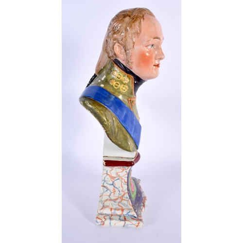 775 - AN UNUSUAL LATE 18TH/19TH CENTURY STAFFORDSHIRE BUST OF CZAR ALEXANDER I. 30 cm high.