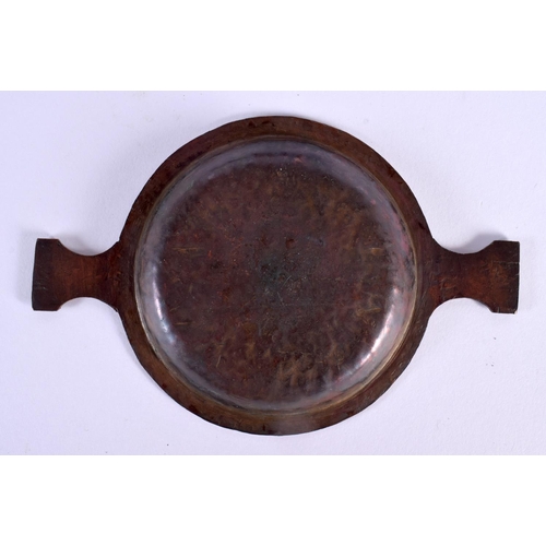 777 - AN ARTS AND CRAFTS KESWICK COPPER MIRROR together with a box and cup. Largest 28 cm x 24 cm. (3)