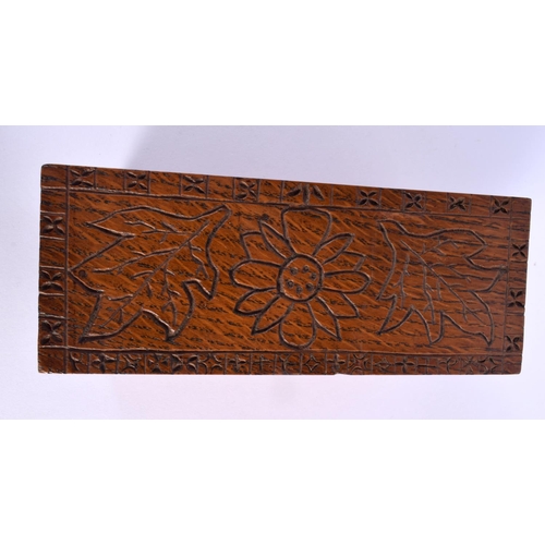 777 - AN ARTS AND CRAFTS KESWICK COPPER MIRROR together with a box and cup. Largest 28 cm x 24 cm. (3)