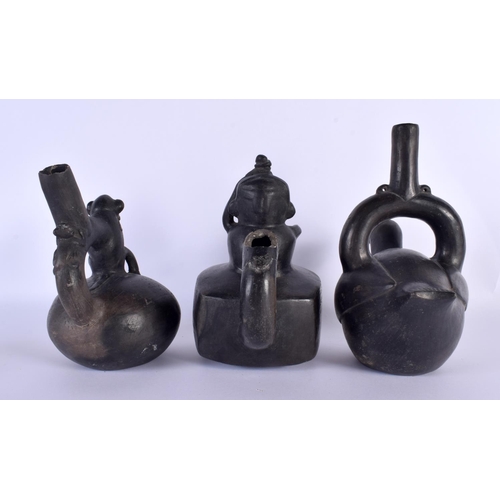 778 - THREE SOUTH AMERICAN BLACK POTTERY VESSELS. Largest 24 cm x 14 cm. (3)