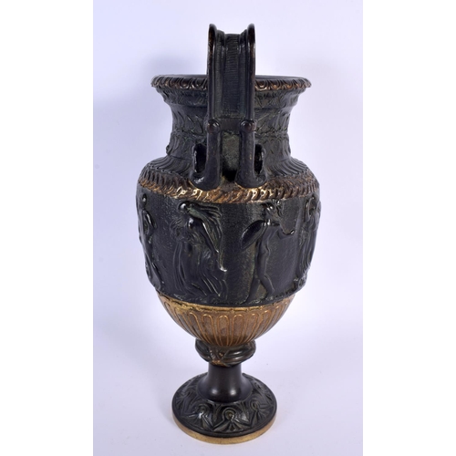 781 - A 19TH CENTURY EUROPEAN TWIN HANDLED BRONZE VASE After the Antiquity. 25 cm x 15 cm.