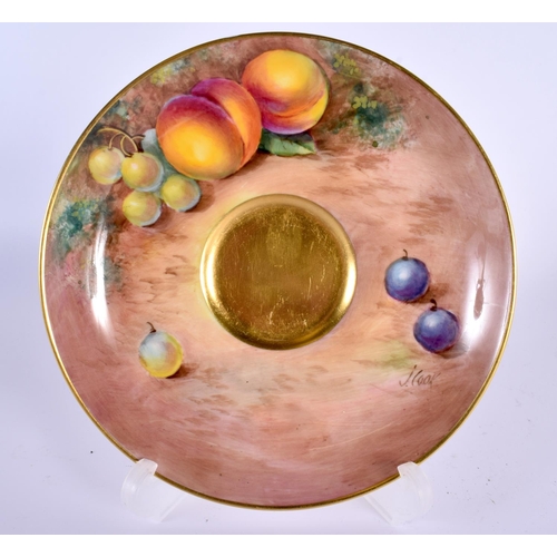 788 - A PAIR OF ROYAL WORCESTER FRUIT PAINTED SAUCERS by Cook. 13 cm wide.