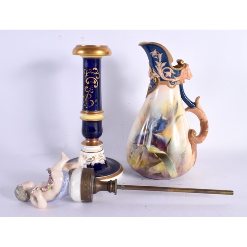 79 - AN ANTIQUE HADLEYS WORCESTER PORCELAIN EWER together with a C1850 candlestick & a Meissen style fini... 