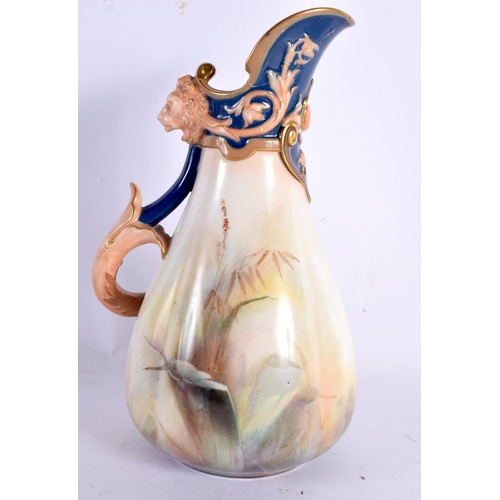 79 - AN ANTIQUE HADLEYS WORCESTER PORCELAIN EWER together with a C1850 candlestick & a Meissen style fini... 